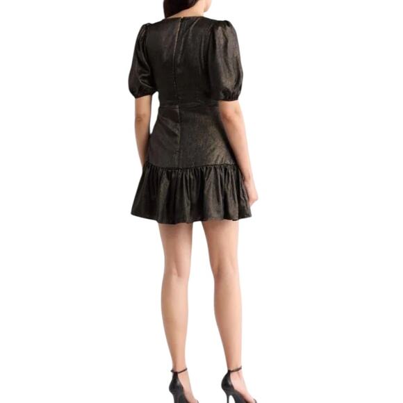 NWOT Rachel Parcell Puff Sleeve Metallic Chiffon Gold/Black Mini Dress – Sz 10 - Picture 2 of 10